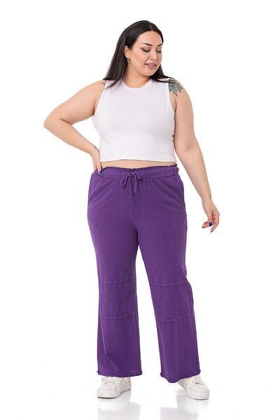 DISENTIS MODEST Plus Size Purple Trousers with Tassels on the Leg and Sewing Detail and Pockets