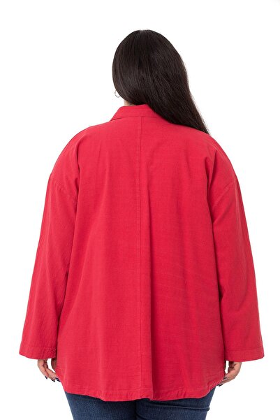 DISENTIS MODEST Large Size Long Red Jacket with Folded Sleeves and Pocket Drawstring Detail