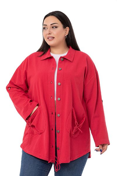 DISENTIS MODEST Large Size Long Red Jacket with Folded Sleeves and Pocket Drawstring Detail
