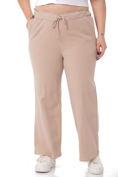 DISENTIS MODEST Plus Size Beige Trousers with Tassels and Sequins Detail Pockets