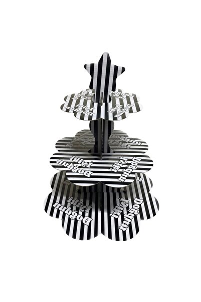 Deniz Party Store Siyah Beyaz  çizgili 3 katlı Cupcake  Kek Standı 1 adet