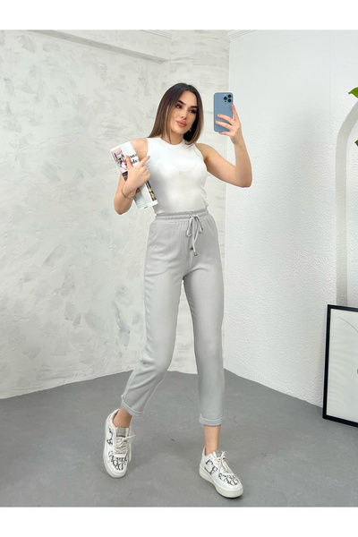 modavingo Γυναικείο υφασμάτινο παντελόνι διπλό τσακισμένο γκρι