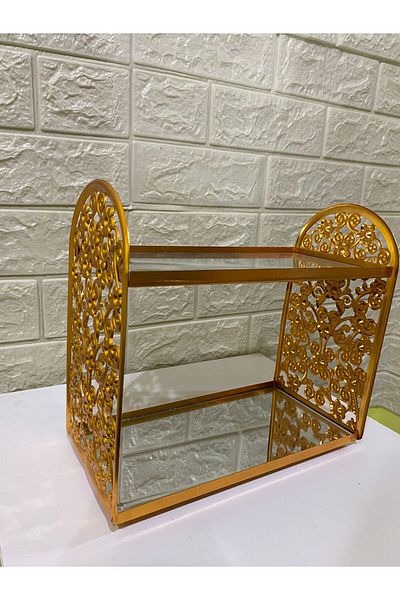 devigo 2 Tiers Mirrored Glass Makeup Organizer Jewelry Organizer Cosmetic Organizer Gold Embroidered