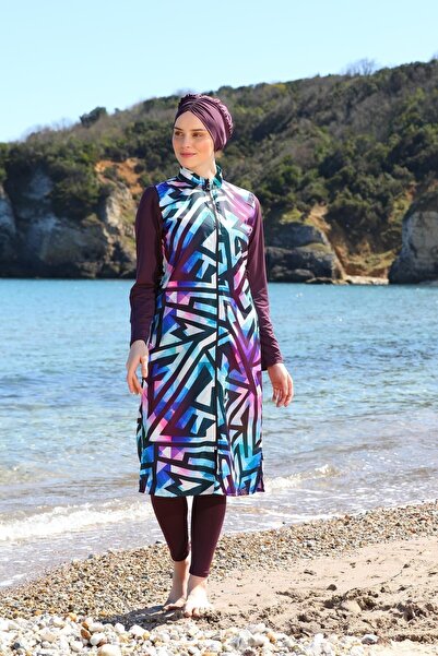 SEBOTEKS Ψηφιακή εκτύπωση Long Gilet Model Closed Hijab μαγιό 3484