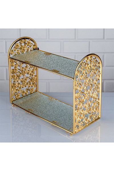 devigo 2 Tiers Mirrored Glass Makeup Organizer Jewelry Organizer Cosmetic Organizer Gold Embroidered