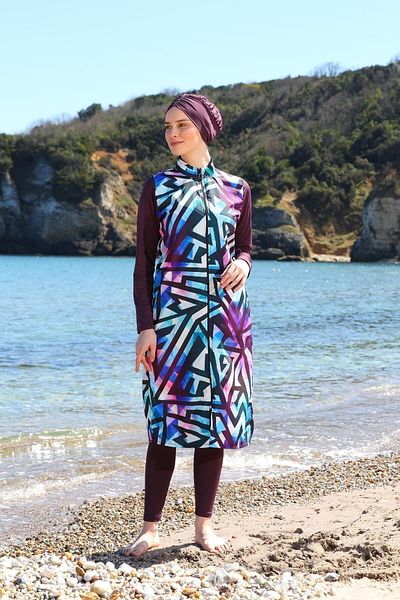 SEBOTEKS Ψηφιακή εκτύπωση Long Gilet Model Closed Hijab μαγιό 3484
