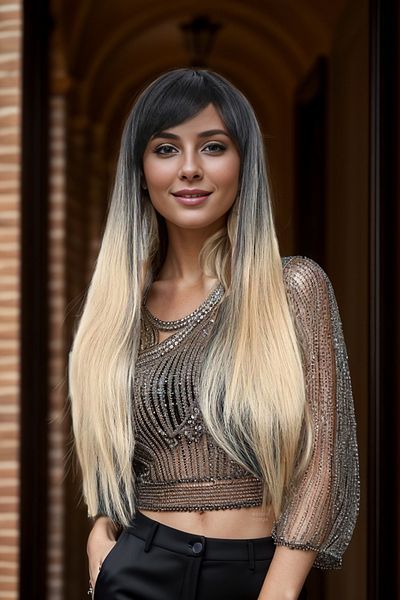 KONAK PERUK Synthetic Fiber Long Bangs Wig - Black Ombreli / Honey Foam