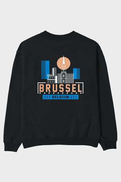 Ankhises سويت شيرت أسود كبير الحجم مطبوع من الخلف من بروكسل للرجال والنساء برقبة دائرية