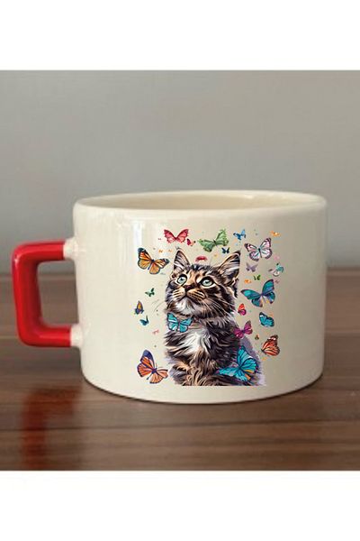 lili hediyelik Butterfly Cat Themed Cup Mug Cup - Ceramic Tea, Coffee Gift Cup