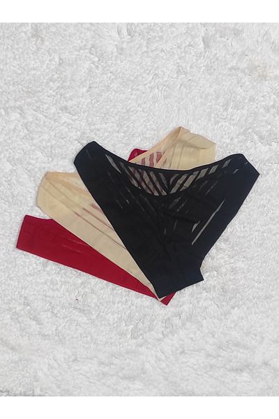 Soft Light Women's Panties, Tulle Detailed Fancy Black White Red 3-Piece Panties