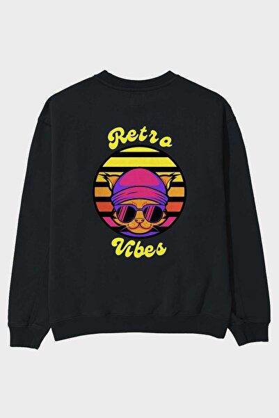 Ankhises Mačka Retro Vibes Leđa Štampano Crna Oversize kroj Dukserica Muškarc...
