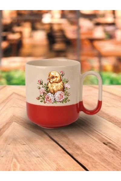lili hediyelik Floral Chick Themed Red Base Mug Cup - Ceramic Tea, Coffee Gift Cup