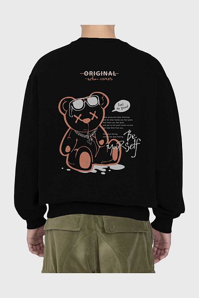 Ankhises Feel So Good Bear Back Printed Negru Oversize Hanorac Bărbați Femei Gât Crew