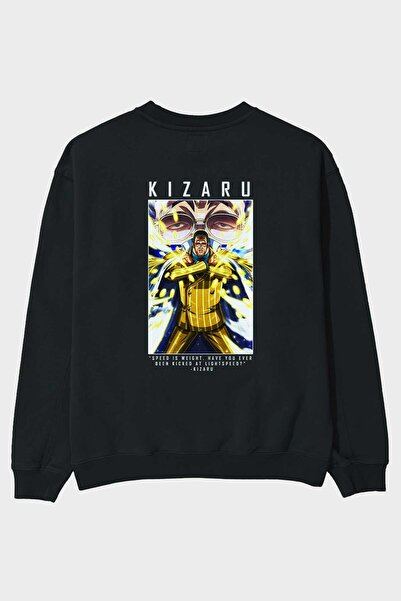 Ankhises Hanorac oversize negru cu imprimeu Kizaru pe spate Bărbați, femei, c...