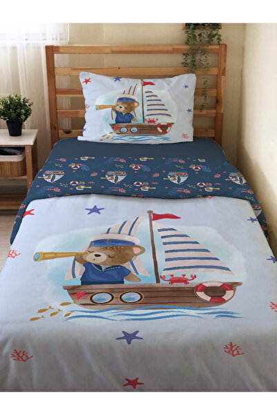 Evmila Çift Taraflı Kaptan Ayı Desenli Çarşafsız Takım Tek Kişilik Nevresim T...