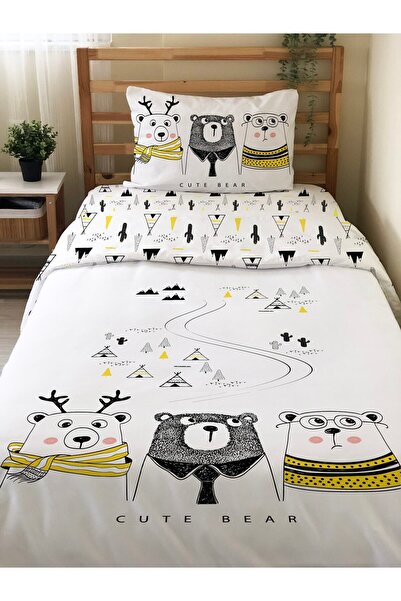 Evmila Set de lenjerie de pat cu două fețe, cu model de trei urși, fără cearș...