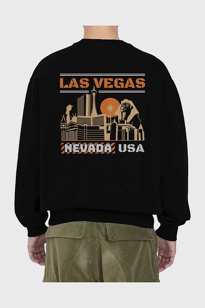 Ankhises Hanorac oversize negru cu imprimeu Las Vegas, bărbați, femei, cu gât crew