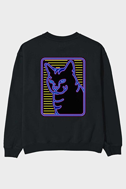 Ankhises Neon Cat Back Štampano Crna Oversize kroj Dukserica Muškarci Žene ok...