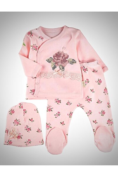 Babyim Gül Kanaviçe Nakışlı Kız Bebek 3 Lü Zıbın Seti