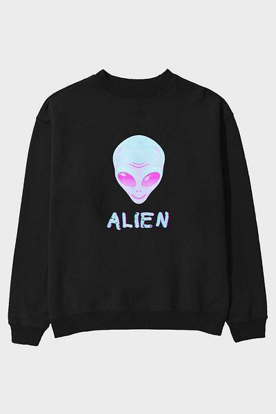Ankhises Hanorac supradimensionat negru cu imprimeu Alien în față, bărbați, femei, cu gât crew