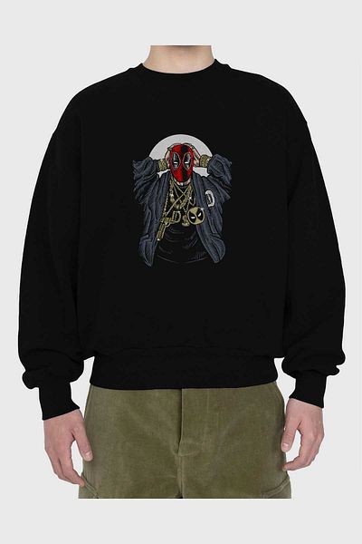 Ankhises Hanorac supradimensionat negru cu imprimeu în față Deadpool Gangsta, bărbați, femei, cu gât crew