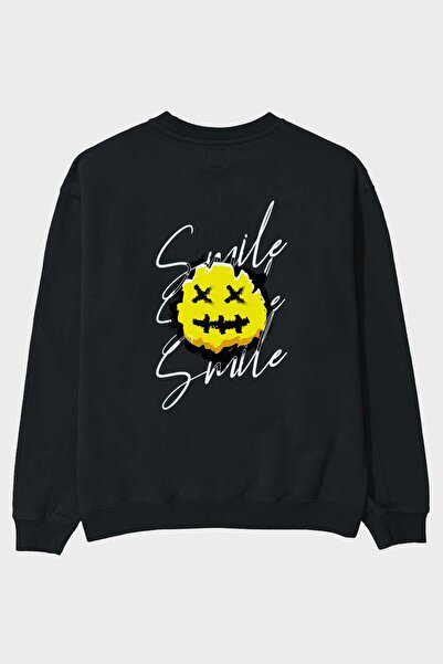 Ankhises Smile Emoji Back Štampano Crna Oversize kroj Dukserica Muškarci Žene...