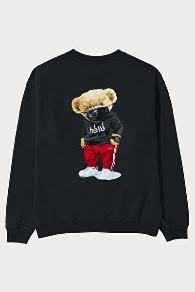 Ankhises Teddy Bear Hello Sport Back Štampano Crna Oversize kroj Dukserica Mu...
