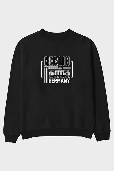 Ankhises Hanorac oversize negru cu imprimeu în față Berlin 2, bărbați, femei, cu gât crew