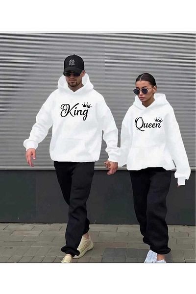 PERISENSE Unisex Γυναικείες ανδρικές φόρμες King and Queen με εμπριμέ κουκούλα Lover Couple Σετ φόρμας 2 τεμαχίων στο κάτω μέρος