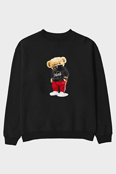 Ankhises Teddy Bear Hello Sport Front Štampano Crna Oversize kroj Dukserica M...