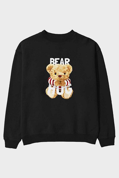 Ankhises Teddy Bear Hug Hanorac oversize negru cu imprimeu în față pentru bărbați și femei cu gât crepus