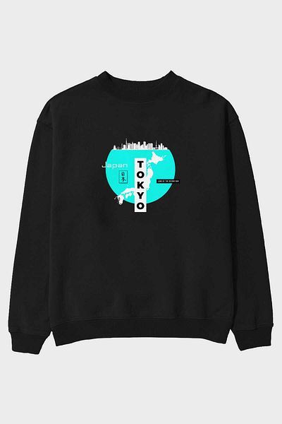 Ankhises Japonia Tokyo Hanorac oversize negru pre-imprimat Bărbați Femei Gât crew