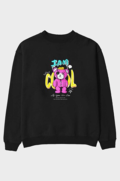 Ankhises Ja sam Cool Bear Front Štampano Crna Oversize kroj Dukserica Muškarc...