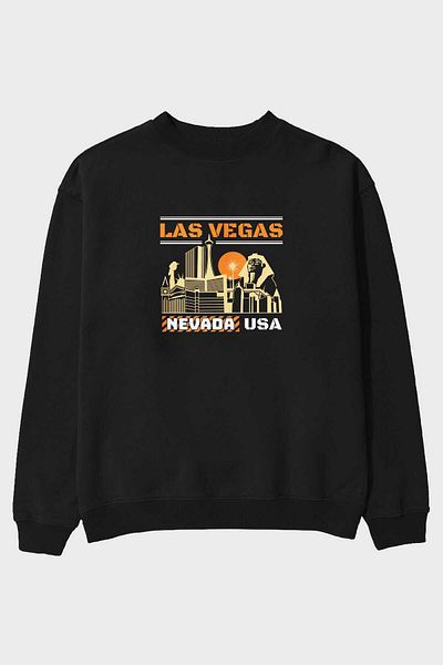 Ankhises Hanorac oversize negru cu imprimeu Las Vegas pentru bărbați și femei, cu gât crew
