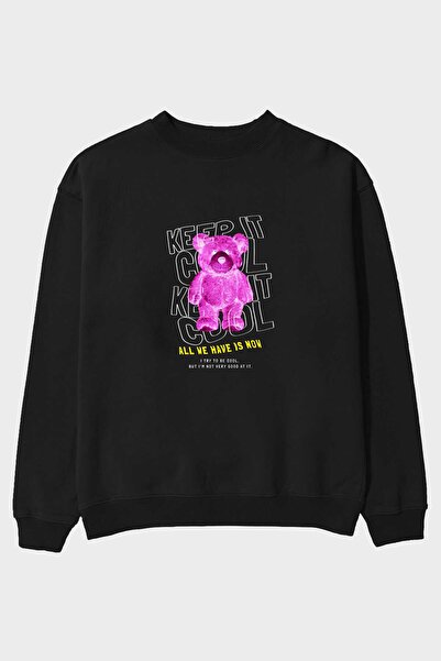 Ankhises Keep it Cool Bear Front Štampano Crna Oversize kroj Dukserica Muškar...