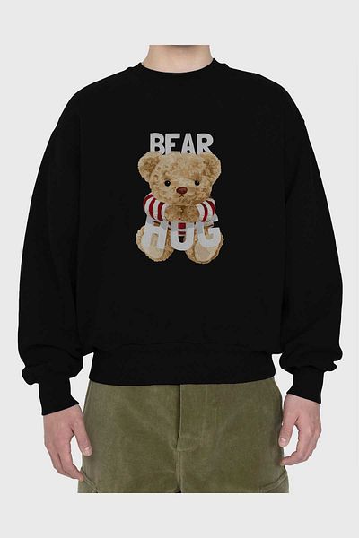 Ankhises Teddy Bear Hug Hanorac oversize negru cu imprimeu în față pentru bărbați și femei cu gât crepus