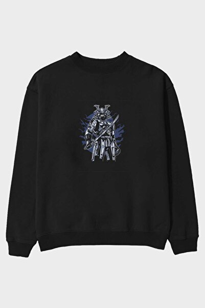 Ankhises Samuraj Robot Ljudska Glava Prednja Štampano Crna Oversize kroj Duks...