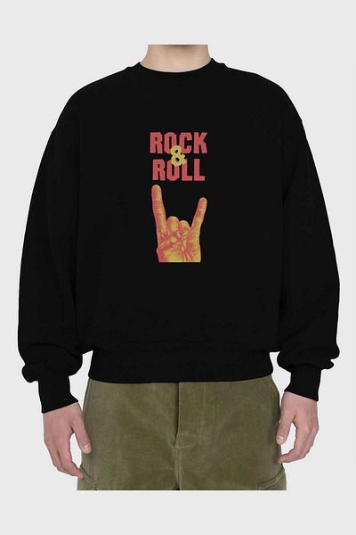Ankhises Hanorac oversize negru cu imprimeu în față cu scris Rock & Roll, bărbați, femei, cu gât crepus