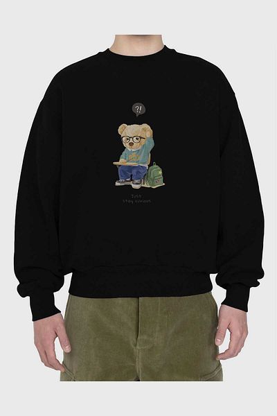 Ankhises Ursuleț de pluș Just Stay Curious Hanorac negru supradimensionat cu imprimeu în față Bărbați Femei Gât crew