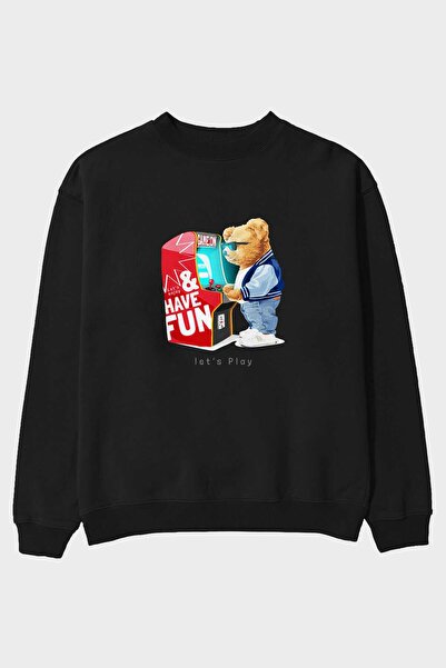 Ankhises Teddy Bear Lets Play Front Štampano Crna Oversize kroj Dukserica Muš...