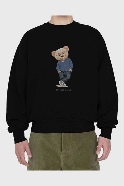 Ankhises Teddy Bear Mr. Nice Guy Hanorac supradimensionat negru cu imprimeu în față Bărbați Femei Gât crew