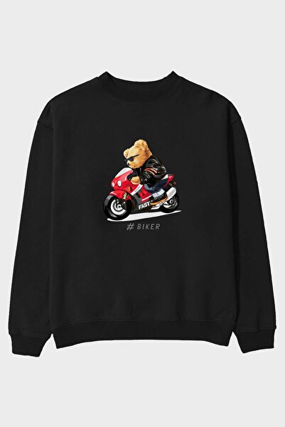 Ankhises Teddy Bear Biker Front Štampano Crna Oversize kroj Dukserica Muškarc...