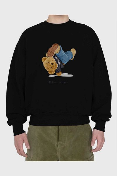 Ankhises Teddy Bear Breakdance Hanorac supradimensionat negru cu imprimeu în față Bărbați Femei Gâtul turn