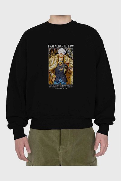Ankhises Hanorac supradimensionat negru cu imprimeu în față Trafalgar D. Water Law 2 pentru bărbați și femei cu gât crew