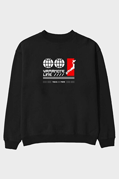 Ankhises Yamanote Line crna Oversize kroj majica - muškarci žene okrugla kragna