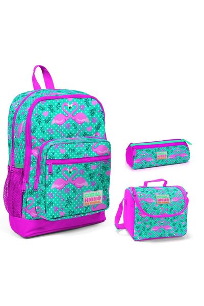 Coral High Yeşil Flamingo Baskılı Kız Çocuk 3'lü Ilkokul Çanta Seti