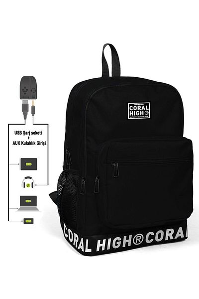 Coral High Logo Embroidered Black Junior, High School and Daily Backpack (WITH USB AND AUX SOCKET)