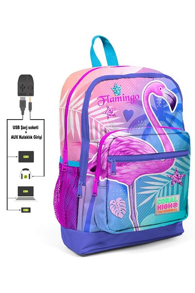 Coral High Rucsac pentru școală elementară și zi cu imprimeu Flamingo roz-albastru - Fată - Priză USB și Aux