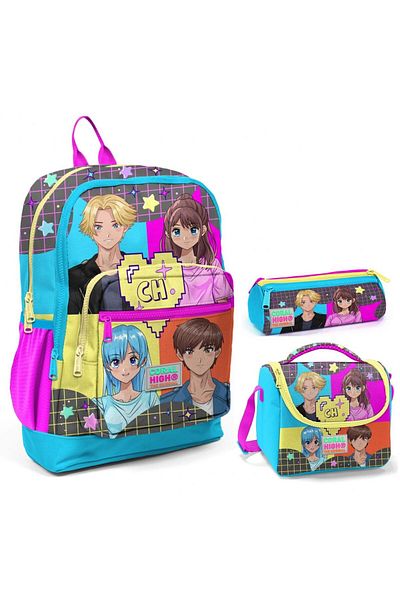 Coral High Set de genți de școală pentru școala primară triplă anime albastru roz