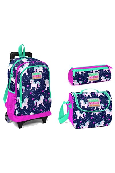 Coral High مجموعة حقائب مدرسية بعجلات من يونيكورنز